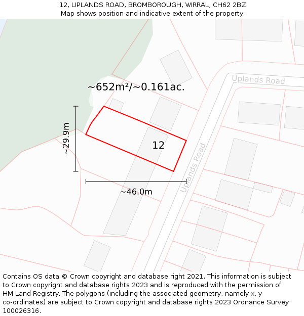 12, UPLANDS ROAD, BROMBOROUGH, WIRRAL, CH62 2BZ: Plot and title map
