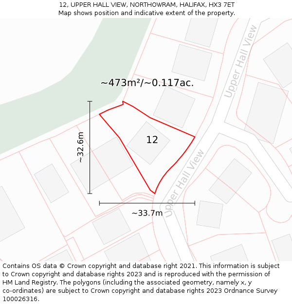 12, UPPER HALL VIEW, NORTHOWRAM, HALIFAX, HX3 7ET: Plot and title map