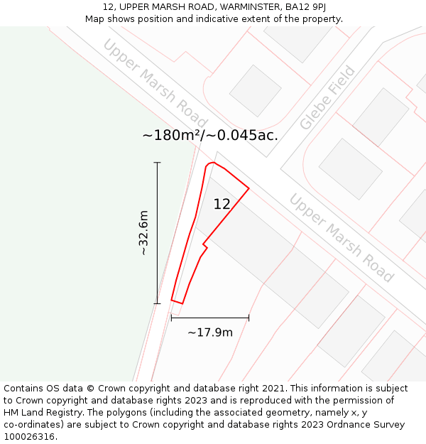 12, UPPER MARSH ROAD, WARMINSTER, BA12 9PJ: Plot and title map