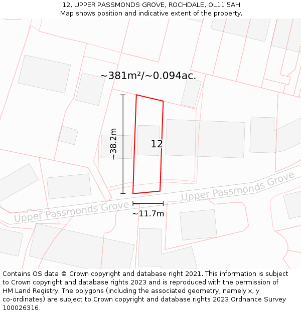 12, UPPER PASSMONDS GROVE, ROCHDALE, OL11 5AH: Plot and title map