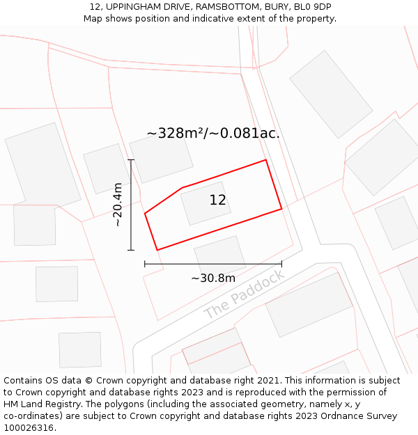 12, UPPINGHAM DRIVE, RAMSBOTTOM, BURY, BL0 9DP: Plot and title map