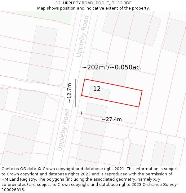 12, UPPLEBY ROAD, POOLE, BH12 3DE: Plot and title map