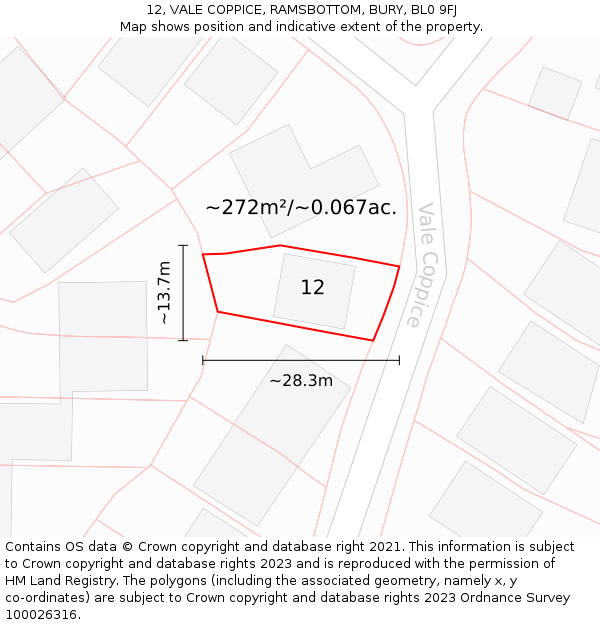 12, VALE COPPICE, RAMSBOTTOM, BURY, BL0 9FJ: Plot and title map
