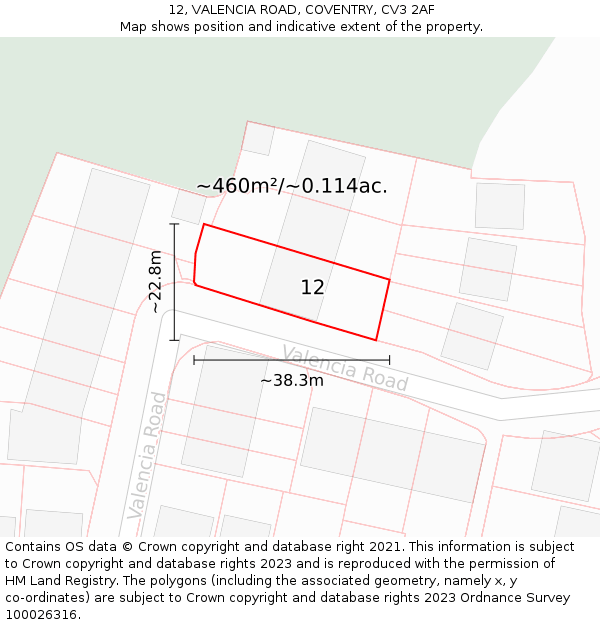 12, VALENCIA ROAD, COVENTRY, CV3 2AF: Plot and title map