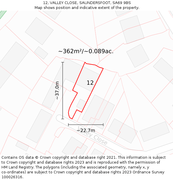 12, VALLEY CLOSE, SAUNDERSFOOT, SA69 9BS: Plot and title map