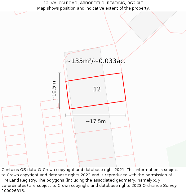 12, VALON ROAD, ARBORFIELD, READING, RG2 9LT: Plot and title map