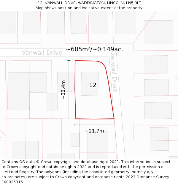 12, VANWALL DRIVE, WADDINGTON, LINCOLN, LN5 9LT: Plot and title map