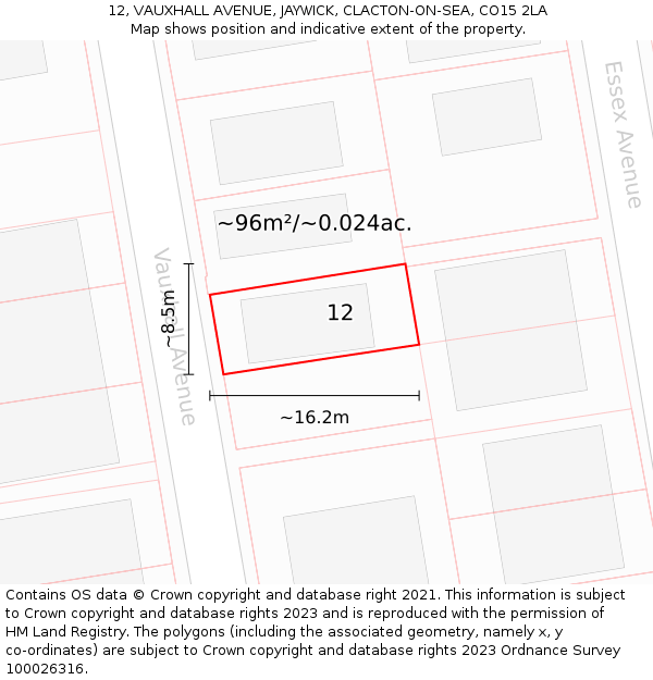 12, VAUXHALL AVENUE, JAYWICK, CLACTON-ON-SEA, CO15 2LA: Plot and title map