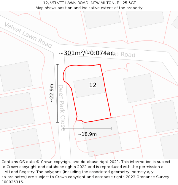 12, VELVET LAWN ROAD, NEW MILTON, BH25 5GE: Plot and title map