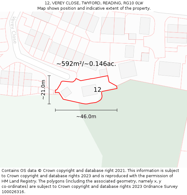 12, VEREY CLOSE, TWYFORD, READING, RG10 0LW: Plot and title map