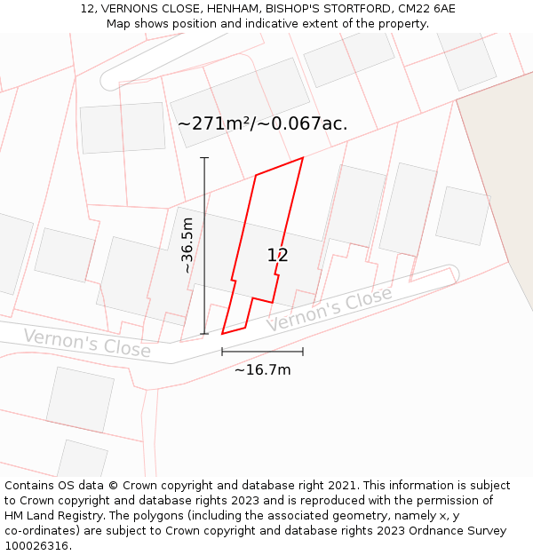 12, VERNONS CLOSE, HENHAM, BISHOP'S STORTFORD, CM22 6AE: Plot and title map