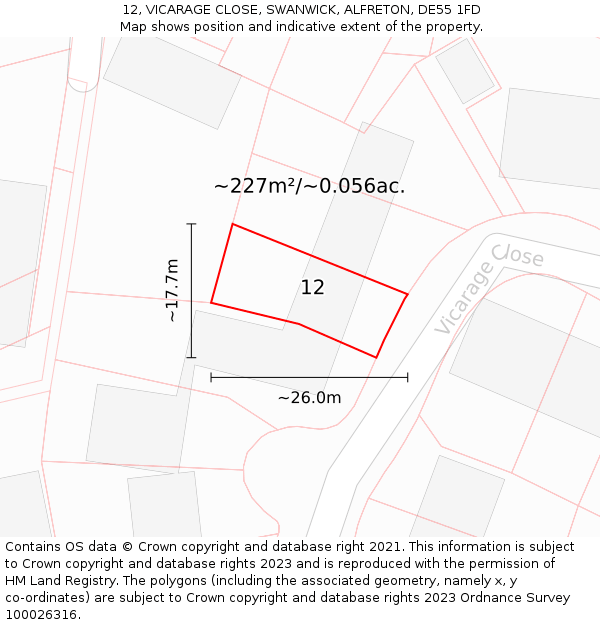12, VICARAGE CLOSE, SWANWICK, ALFRETON, DE55 1FD: Plot and title map