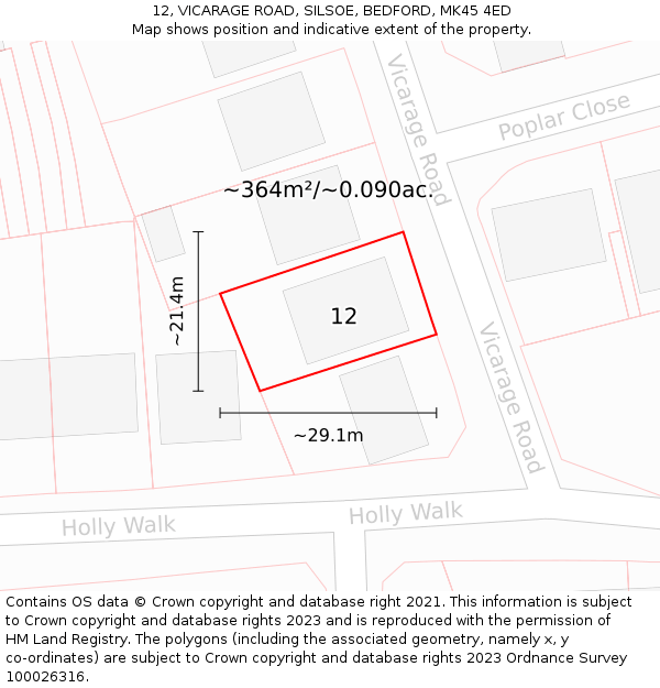 12, VICARAGE ROAD, SILSOE, BEDFORD, MK45 4ED: Plot and title map
