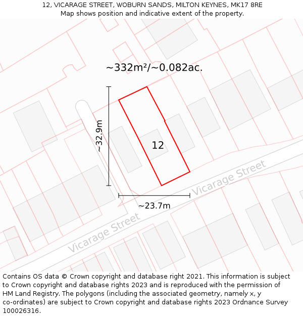 12, VICARAGE STREET, WOBURN SANDS, MILTON KEYNES, MK17 8RE: Plot and title map