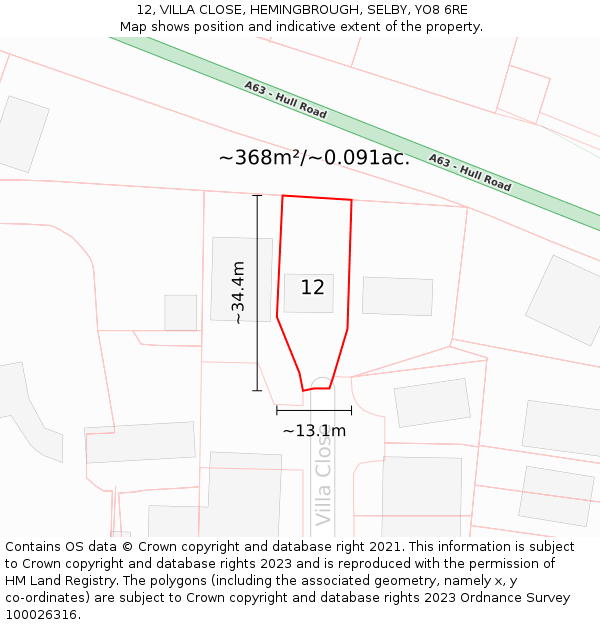 12, VILLA CLOSE, HEMINGBROUGH, SELBY, YO8 6RE: Plot and title map