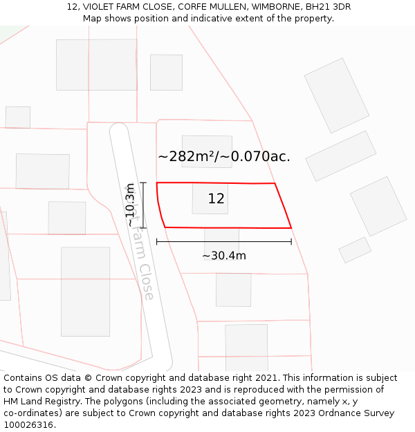 12, VIOLET FARM CLOSE, CORFE MULLEN, WIMBORNE, BH21 3DR: Plot and title map