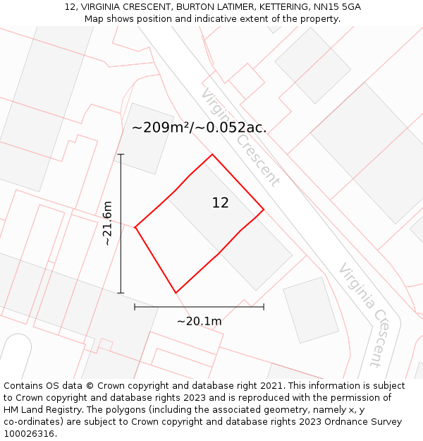 12, VIRGINIA CRESCENT, BURTON LATIMER, KETTERING, NN15 5GA: Plot and title map
