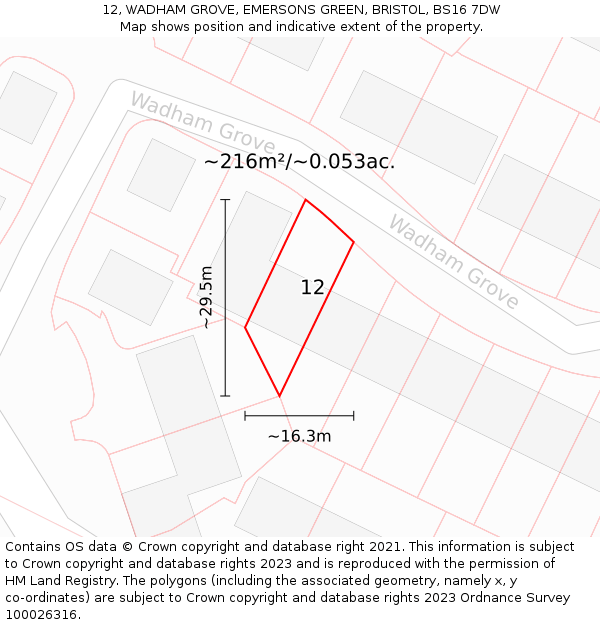 12, WADHAM GROVE, EMERSONS GREEN, BRISTOL, BS16 7DW: Plot and title map