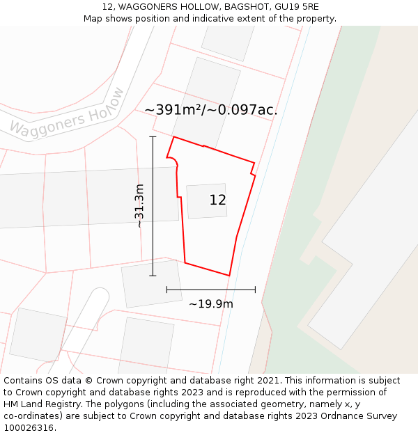 12, WAGGONERS HOLLOW, BAGSHOT, GU19 5RE: Plot and title map