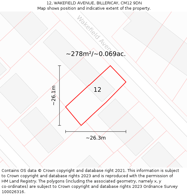 12, WAKEFIELD AVENUE, BILLERICAY, CM12 9DN: Plot and title map