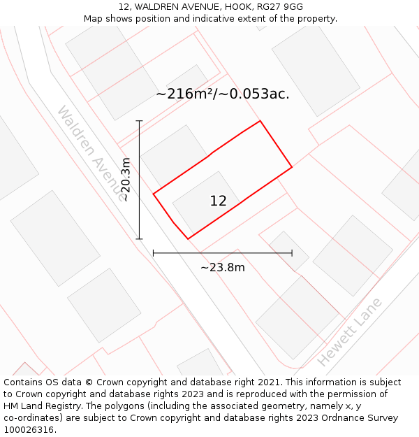 12, WALDREN AVENUE, HOOK, RG27 9GG: Plot and title map