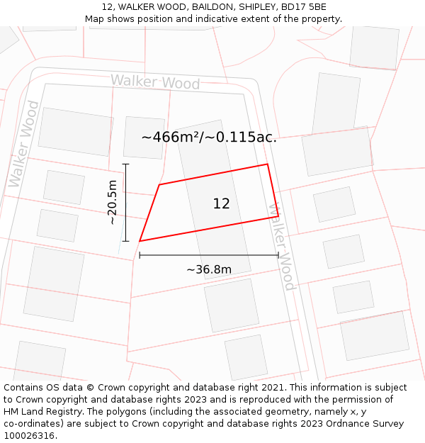 12, WALKER WOOD, BAILDON, SHIPLEY, BD17 5BE: Plot and title map
