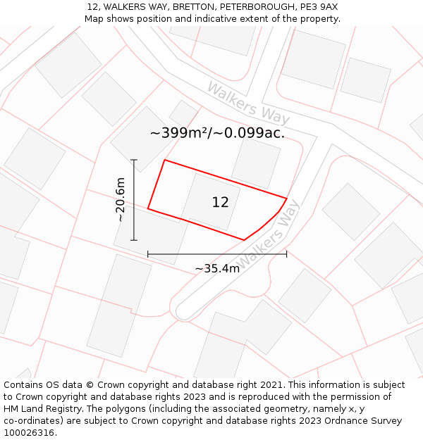 12, WALKERS WAY, BRETTON, PETERBOROUGH, PE3 9AX: Plot and title map