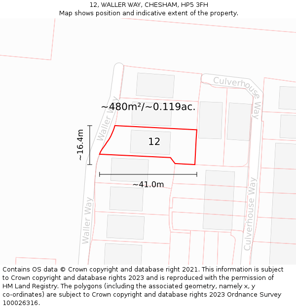 12, WALLER WAY, CHESHAM, HP5 3FH: Plot and title map