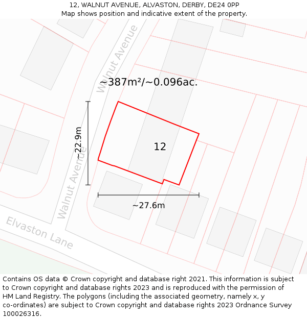 12, WALNUT AVENUE, ALVASTON, DERBY, DE24 0PP: Plot and title map