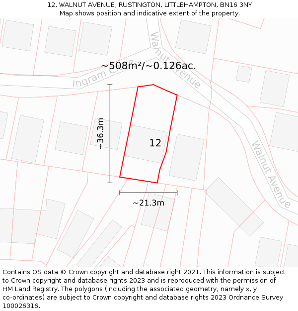 12, WALNUT AVENUE, RUSTINGTON, LITTLEHAMPTON, BN16 3NY: Plot and title map