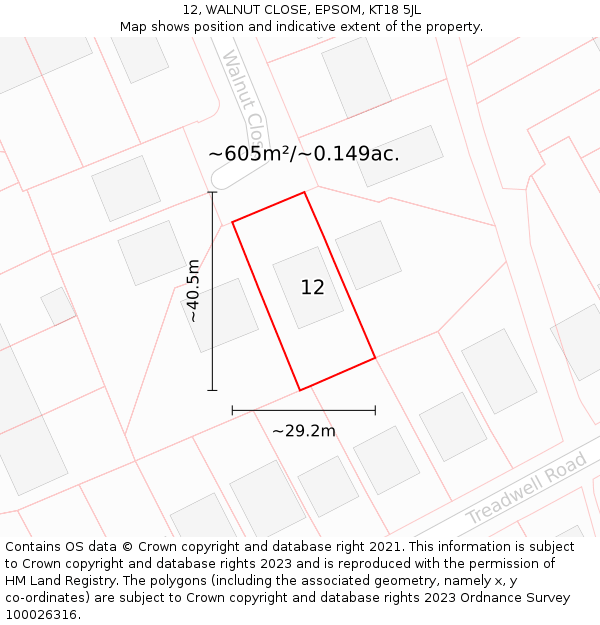 12, WALNUT CLOSE, EPSOM, KT18 5JL: Plot and title map