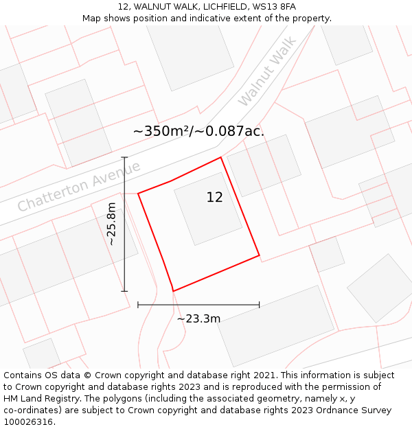 12, WALNUT WALK, LICHFIELD, WS13 8FA: Plot and title map