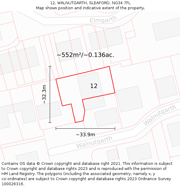 12, WALNUTGARTH, SLEAFORD, NG34 7FL: Plot and title map
