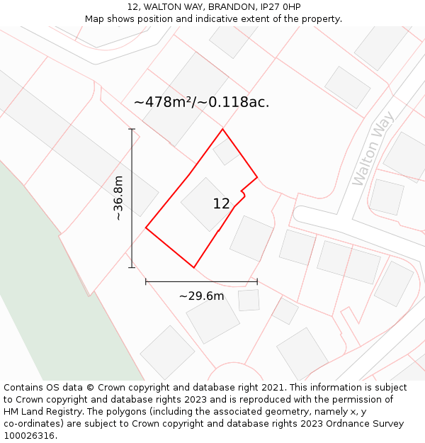 12, WALTON WAY, BRANDON, IP27 0HP: Plot and title map