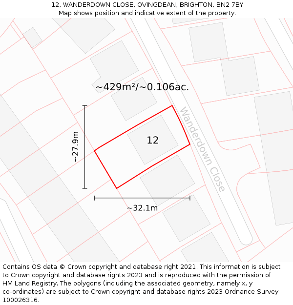 12, WANDERDOWN CLOSE, OVINGDEAN, BRIGHTON, BN2 7BY: Plot and title map