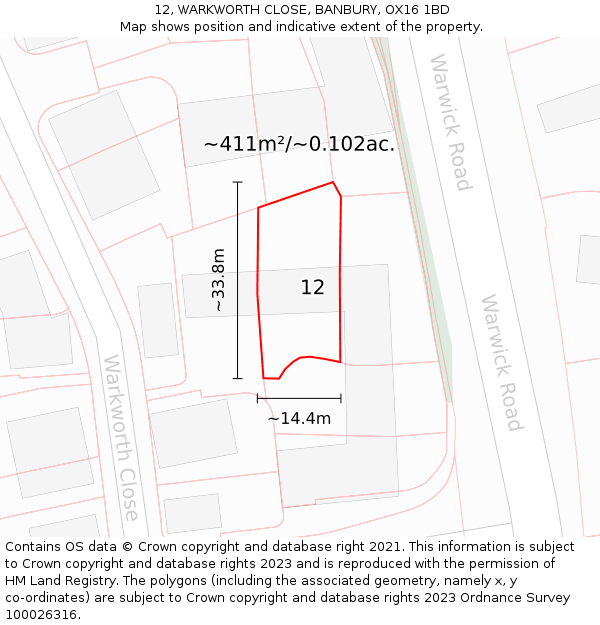 12, WARKWORTH CLOSE, BANBURY, OX16 1BD: Plot and title map