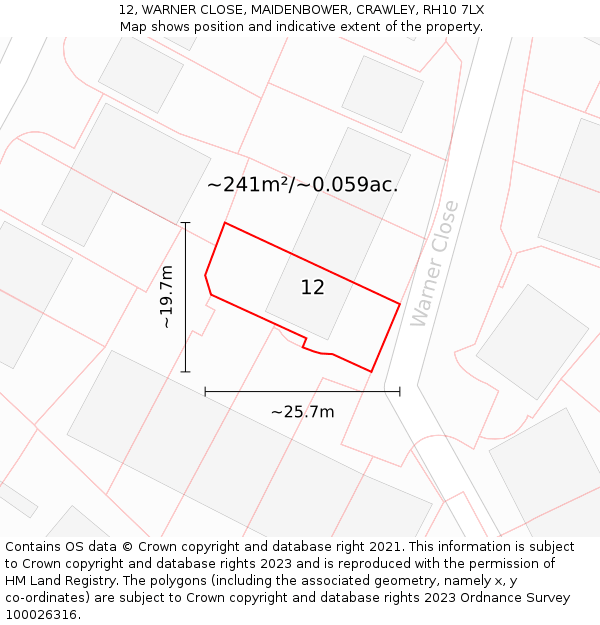 12, WARNER CLOSE, MAIDENBOWER, CRAWLEY, RH10 7LX: Plot and title map