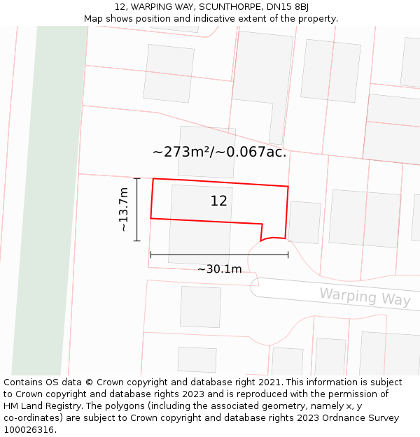12, WARPING WAY, SCUNTHORPE, DN15 8BJ: Plot and title map