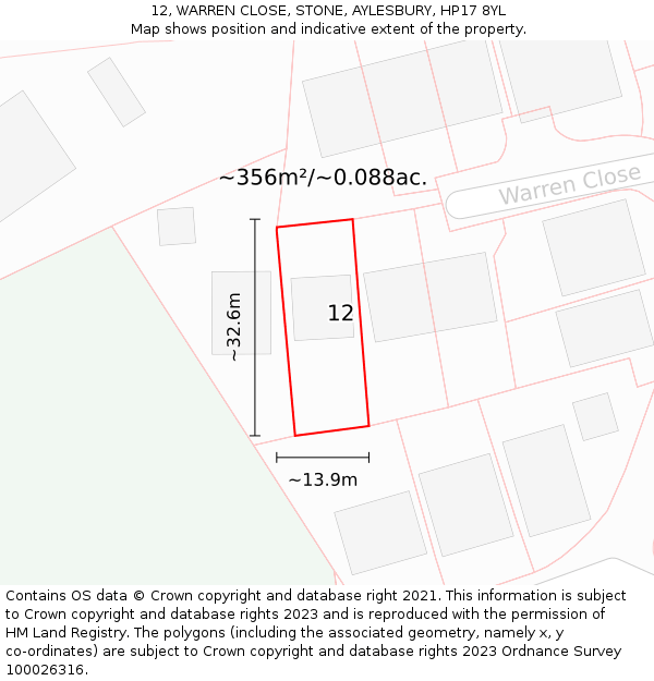 12, WARREN CLOSE, STONE, AYLESBURY, HP17 8YL: Plot and title map