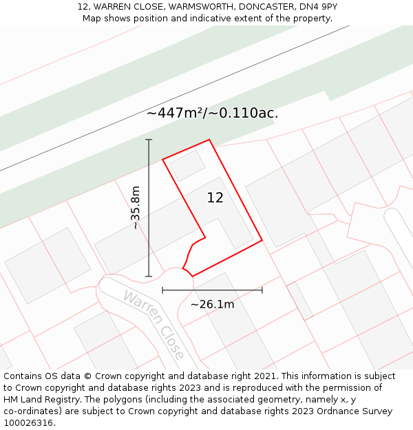 12, WARREN CLOSE, WARMSWORTH, DONCASTER, DN4 9PY: Plot and title map