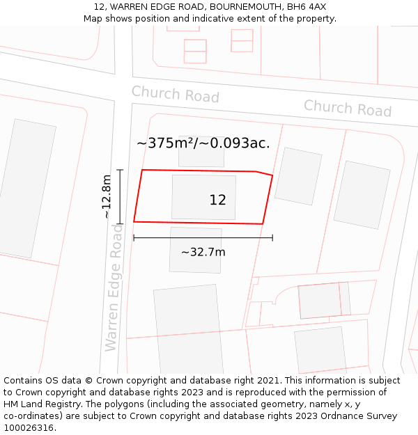 12, WARREN EDGE ROAD, BOURNEMOUTH, BH6 4AX: Plot and title map