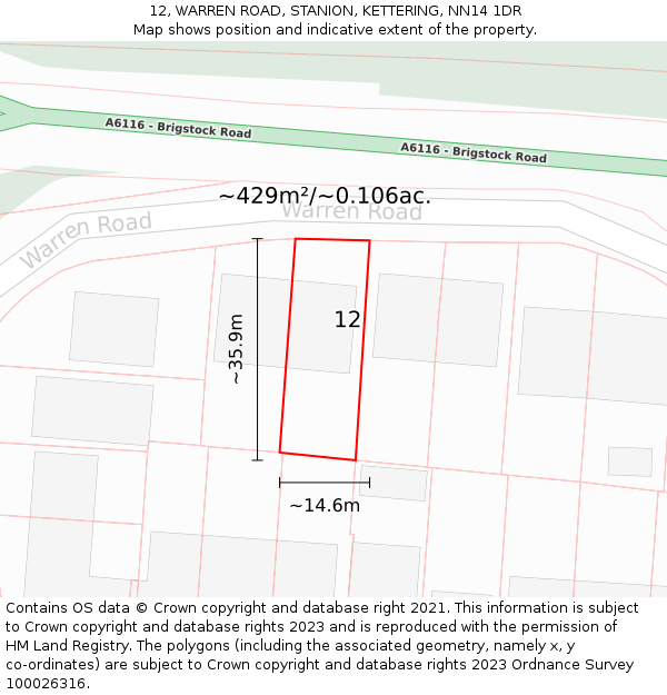12, WARREN ROAD, STANION, KETTERING, NN14 1DR: Plot and title map