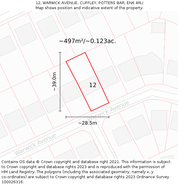 12, WARWICK AVENUE, CUFFLEY, POTTERS BAR, EN6 4RU: Plot and title map