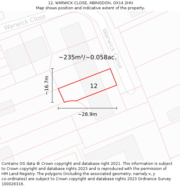 12, WARWICK CLOSE, ABINGDON, OX14 2HN: Plot and title map