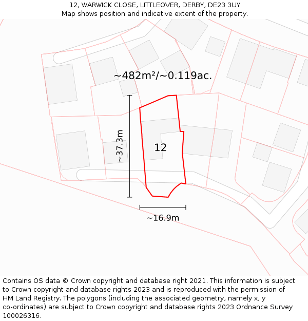 12, WARWICK CLOSE, LITTLEOVER, DERBY, DE23 3UY: Plot and title map