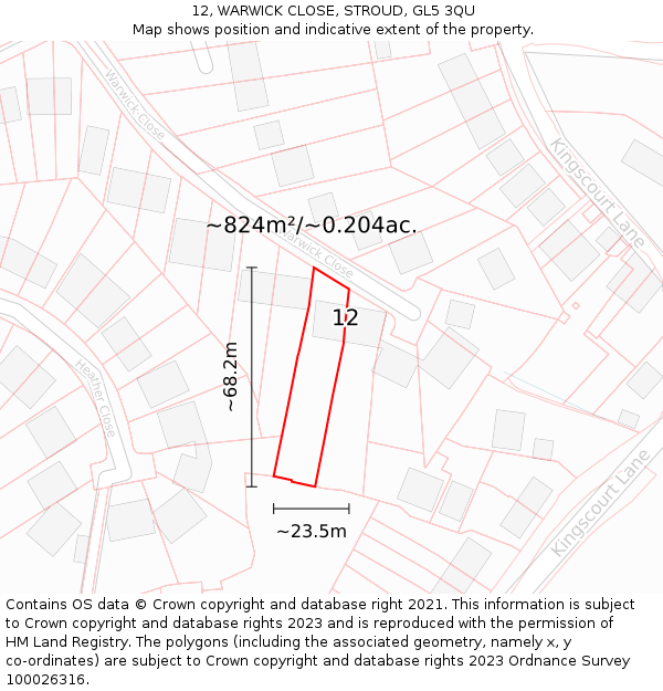 12, WARWICK CLOSE, STROUD, GL5 3QU: Plot and title map