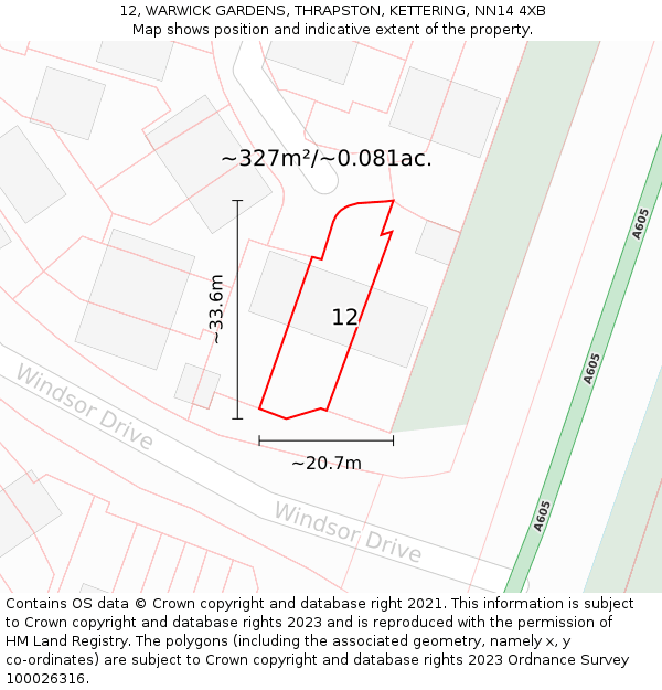 12, WARWICK GARDENS, THRAPSTON, KETTERING, NN14 4XB: Plot and title map
