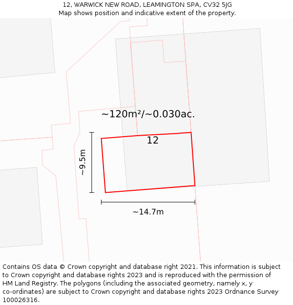 12, WARWICK NEW ROAD, LEAMINGTON SPA, CV32 5JG: Plot and title map