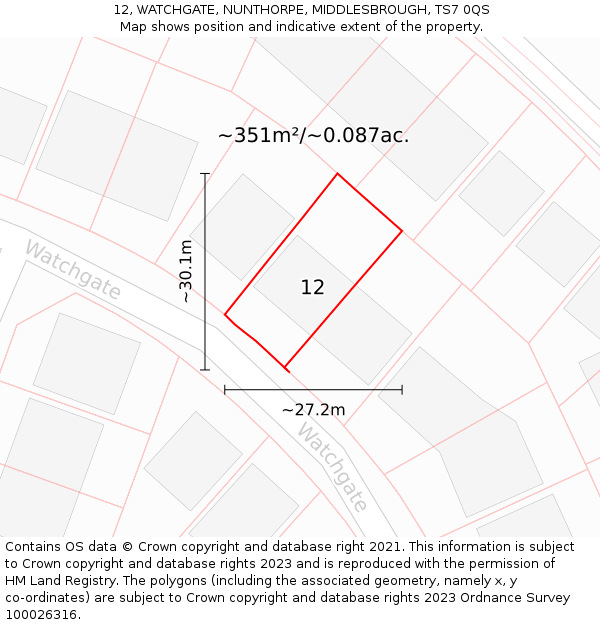12, WATCHGATE, NUNTHORPE, MIDDLESBROUGH, TS7 0QS: Plot and title map