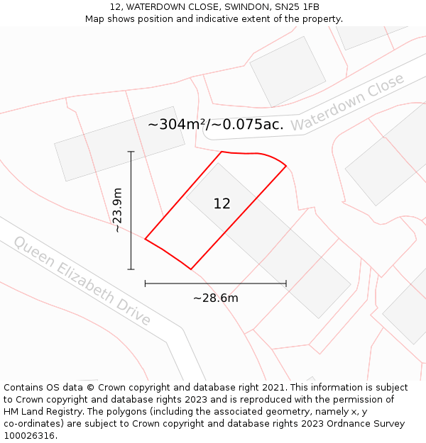 12, WATERDOWN CLOSE, SWINDON, SN25 1FB: Plot and title map